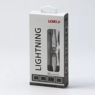 Logo USB kábel (2.0), USB C hím - Apple Lightning hím, 2m, MFi tanúsítás, 5V/3A, fehér, doboz, nejlonfonat, alumínium