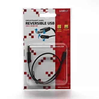 USB kábel (2.0), USB A hím fordítható - microUSB hím fordítható, 0,3m, lapos, fekete, fordítható, ELADÓ
