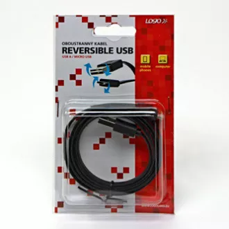 Logo USB kábel (2.0), USB A hím fordítható - microUSB hím fordítható, 1m, fordítható, fekete, buborékcsomagolás, SELL