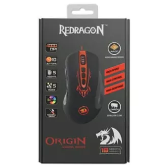 Redragon Origin USB vezetékes egér, fekete-piros, 4000DPI
