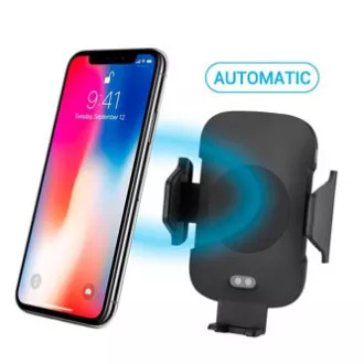 Autós telefontartó, vezeték nélküli töltéssel, motoros rögzítéssel, mozgásérzékelővel, Qi, fekete
