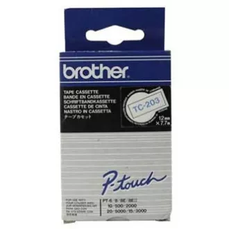 Brother eredeti címkenyomtató szalag, Brother, TC-203, kék nyomtatás/fehér hátlap, laminált, 7,7m, 12mm