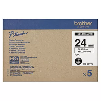 Brother eredeti címkenyomtató szalag, Brother, HGE-651, fekete nyomtatás/sárga hátlap, 8m, 24mm, 5 db csomagonként, csomagonkénti áron