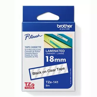 Brother eredeti címkenyomtató szalag, Brother, TZE-141, fekete nyomtatás/áteresztő hátlap, laminált, 8m, 18mm