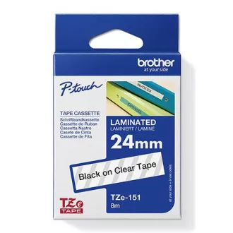 Brother eredeti címkenyomtató szalag, Brother, TZE-151, fekete nyomtatás/áteresztő hátlap, laminált, 8m, 24mm