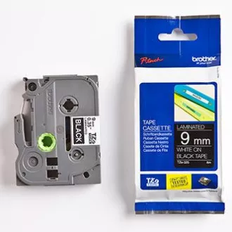 Brother eredeti címkenyomtató szalag, Brother, TZE-325, fehér nyomtatás/fekete hátlap, laminált, 8m, 9mm