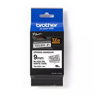 Brother eredeti címkenyomtató szalag, Brother, TZE-S221, fekete nyomtatás/fehér hátlap, laminált, 8m, 9mm, rendkívül ragadós