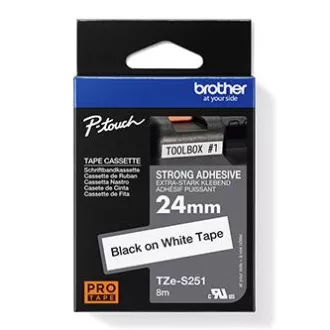 Brother eredeti címkenyomtató szalag, Brother, TZE-S251, fekete nyomtatás/fehér hátlap, laminált, 8m, 24mm, rendkívül ragadós