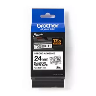 Brother eredeti címkenyomtató szalag, Brother, TZE-S251, fekete nyomtatás/fehér hátlap, laminált, 8m, 24mm, rendkívül ragadós