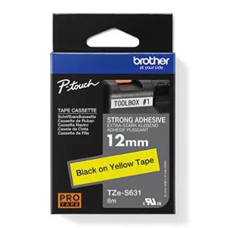 Brother eredeti címkenyomtató szalag, Brother, TZE-S631, fekete nyomtatás/sárga hátlap, laminált, 8m, 12mm, rendkívül ragadós