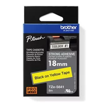 Brother eredeti címkenyomtató szalag, Brother, TZE-S641, fekete nyomtatás/sárga hátlap, laminált, 8m, 18mm, rendkívül ragadós