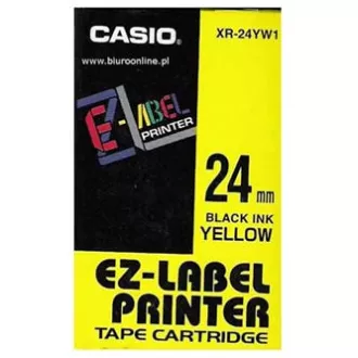 Casio eredeti címkenyomtató szalag, Casio, XR-24YW1, fekete nyomtatás/sárga hátlap, laminálatlan, 8m, 24mm