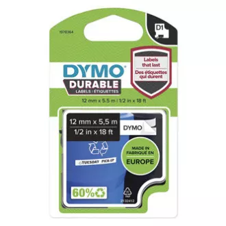 Dymo eredeti címkenyomtató szalag, Dymo, 1978364, fekete nyomtatás/fehér hátlap, 5.5m, 12mm, D1, tartós vinil