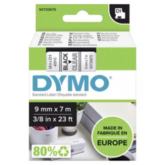 Dymo eredeti címkenyomtató szalag, Dymo, 40910, S0720670, fekete nyomtatás/átlátszó hátlap, 7m, 9mm, D1