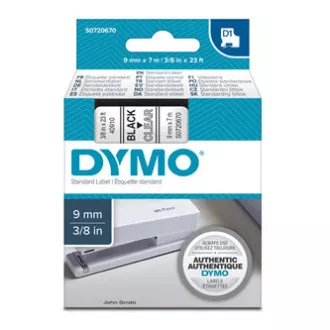 Dymo eredeti címkenyomtató szalag, Dymo, 40910, S0720670, fekete nyomtatás/átlátszó hátlap, 7m, 9mm, D1