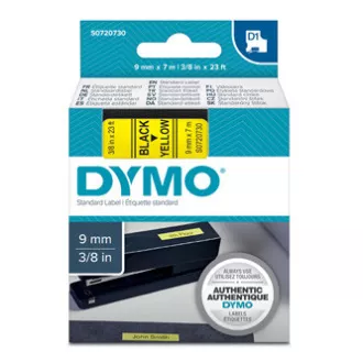 Dymo eredeti címkenyomtató szalag, Dymo, 40918, S0720730, fekete nyomtatás/sárga hátlap, 7m, 9mm, D1