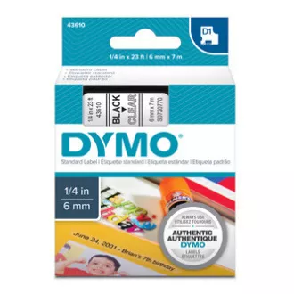 Dymo eredeti címkenyomtató szalag, Dymo, 43610, S0720770, fekete nyomtatás/átlátszó hátlap, 7m, 6mm, D1 Dymo eredeti címkenyomtató szalag, Dymo, 43610, S0720770, fekete nyomtatás/átlátszó hátlap, 7m, 6mm, D1