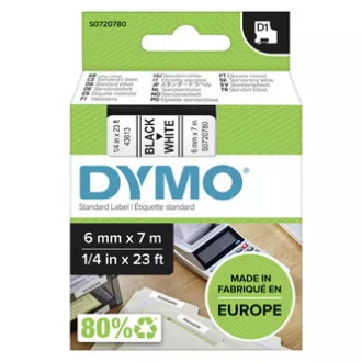 Dymo eredeti címkenyomtató szalag, Dymo, 43613, S0720780, fekete nyomtatás/fehér hátlap, 7m, 6mm, D1