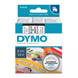 Dymo eredeti címkenyomtató szalag, Dymo, 43613, S0720780, fekete nyomtatás/fehér hátlap, 7m, 6mm, D1