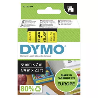 Dymo eredeti címkenyomtató szalag, Dymo, 43618, S0720790, fekete nyomtatás/sárga hátlap, 7m, 6mm, D1