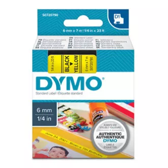 Dymo eredeti címkenyomtató szalag, Dymo, 43618, S0720790, fekete nyomtatás/sárga hátlap, 7m, 6mm, D1