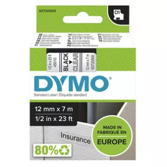 Dymo eredeti címkenyomtató szalag, Dymo, 45010, S0720500, fekete nyomtatás/átlátszó hátlap, 7m, 12mm, D1