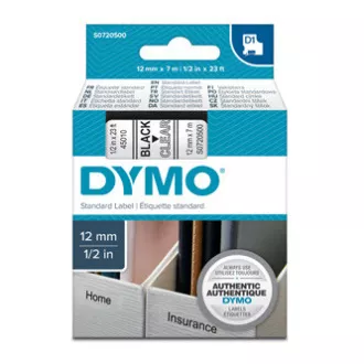Dymo eredeti címkenyomtató szalag, Dymo, 45010, S0720500, fekete nyomtatás/átlátszó hátlap, 7m, 12mm, D1