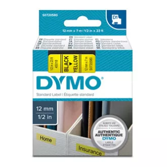 Dymo eredeti címkenyomtató szalag, Dymo, 45018, S0720580, fekete nyomtatás/sárga hátlap, 7m, 12mm, D1