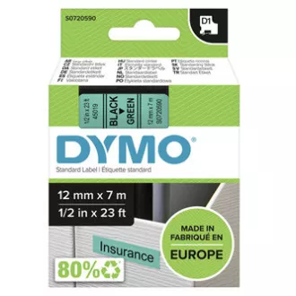 Dymo eredeti címkenyomtató szalag, Dymo, 45019, S0720590, fekete nyomtatás/zöld hátlap, 7m, 12mm, D1