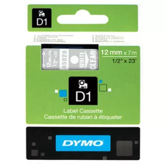 Dymo eredeti címkenyomtató szalag, Dymo, 45020, S0720600, fehér nyomtatás/átlátszó hátlap, 7m, 12mm, D1