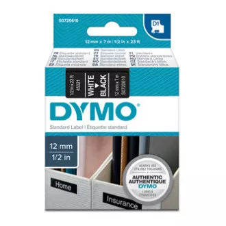 Dymo eredeti címkenyomtató szalag, Dymo, 45021, S0720610, fehér nyomtatás/fekete hátlap, 7m, 12mm, D1