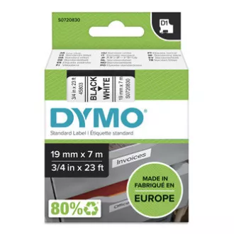 Dymo eredeti címkenyomtató szalag, Dymo, 45803, S0720830, fekete nyomtatás/fehér hátlap, 7m, 19mm, D1