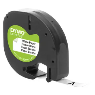 Dymo eredeti címkenyomtató szalag, Dymo, 59421, S0721510, fekete nyomtatás/fehér hátlap, 4m, 12mm, LetraTag papírszalag