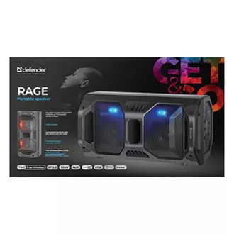 Defender Speaker Rage, Li-Ion, 2.0, 50W, fekete, hangerőszabályzó, LED háttérvilágítás, BT 5.0, TWS, távirányító, 45Hz