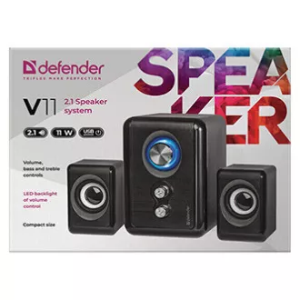 Defender hangszórók V11, 2.1, 11W, fekete, hangerőszabályzó, bekapcsoló gomb, basszus és magas hangok beállítása, 40Hz~18kHz