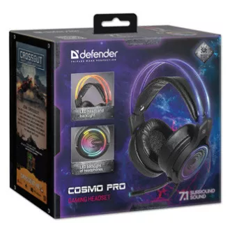 Defender Cosmo Pro RGB játék headset mikrofonnal, vezetékes, fekete, 7.1 (virtuális), 50 mm-es USB típusú meghajtókkal Defender Cosmo Pro RGB játék headset mikrofonnal, vezetékes, fekete, 7.1 (virtuális), 50 mm-es USB típusú meghajtókkal