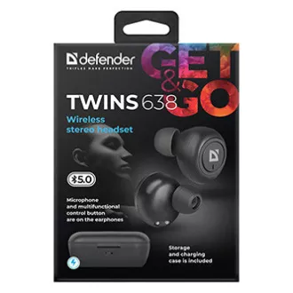 Defender Twins 638 fejhallgató mikrofonnal, vezeték nélküli, fekete, fülhallgató, BT 5.0, TWS, bluetooth töltő tok, ELADÓ