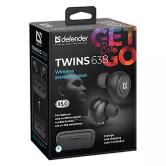 Defender Twins 638 fejhallgató mikrofonnal, vezeték nélküli, fekete, fülhallgató, BT 5.0, TWS, bluetooth töltő tok, ELADÓ