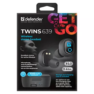 Defender Twins 639 fejhallgató mikrofonnal, vezeték nélküli, fekete, fülhallgató, BT 5.0, TWS, töltőtáska powerbankkal bluetooth típusú,