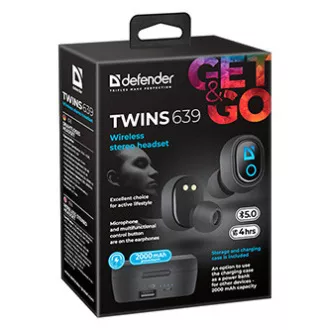 Defender Twins 639 fejhallgató mikrofonnal, vezeték nélküli, fekete, fülhallgató, BT 5.0, TWS, töltőtáska powerbankkal bluetooth típusú,