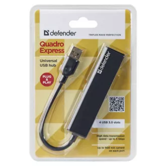 USB (3.0) HUB 4 portos, Quadro Express, fekete, Defender, kompakt.
