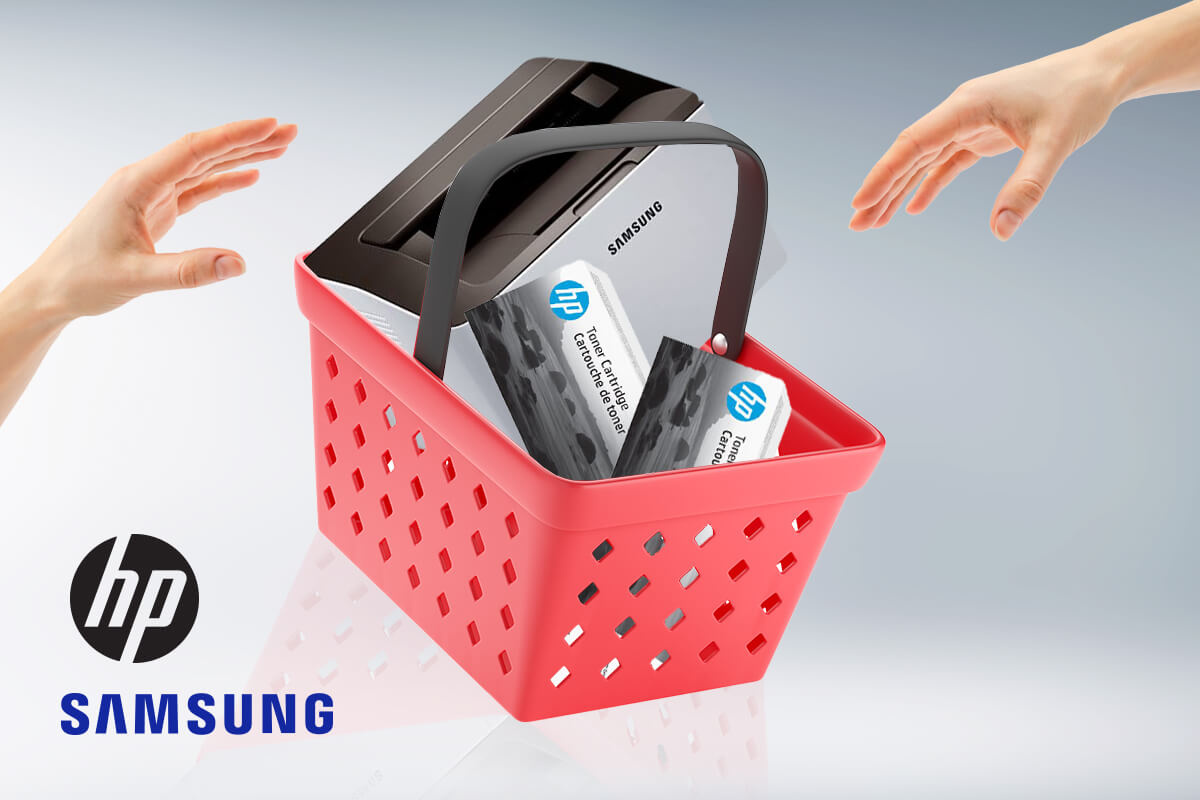 Egy vásárlókosár, amely tartalmaz egy Samsung nyomtatót és két eredeti HP toner csomagot, amelyek kompatibilisek a nyomtatóval.