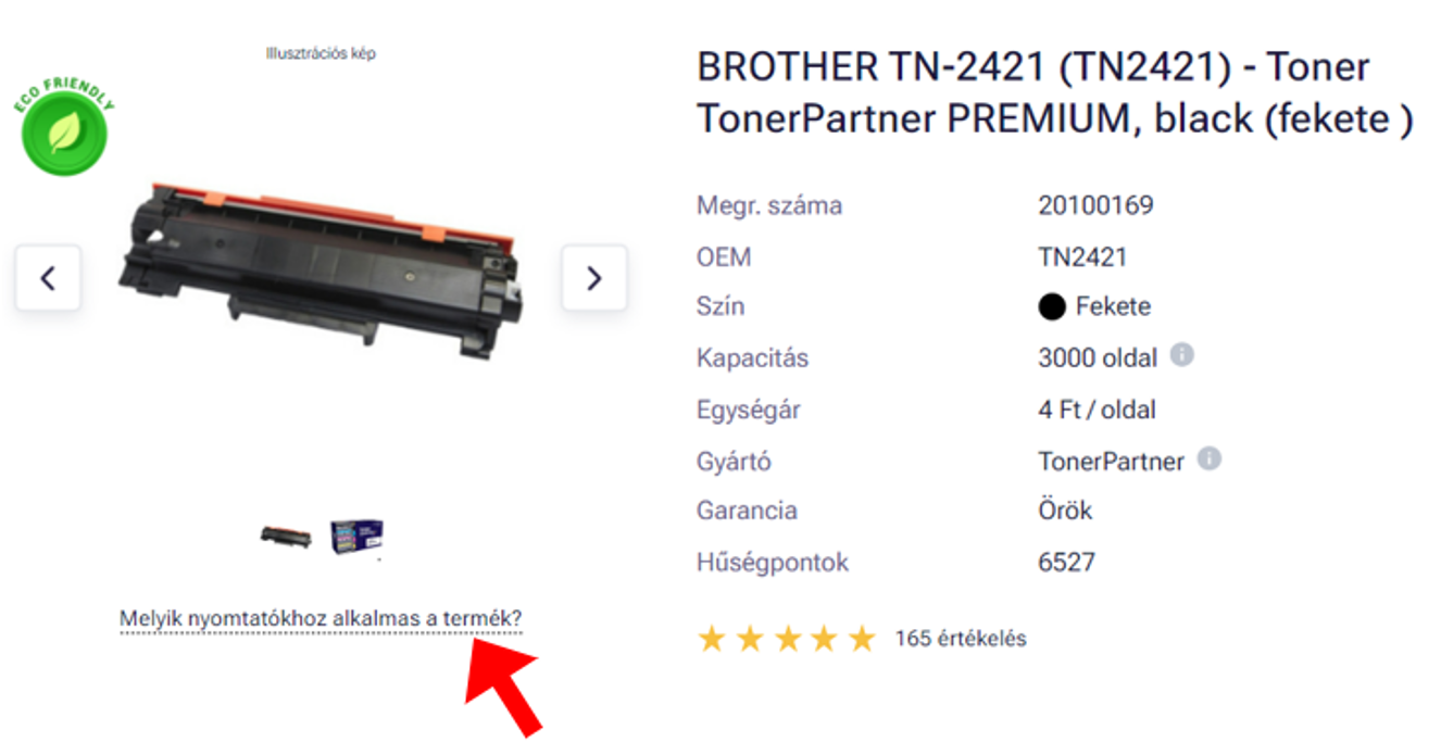 Képernyőkép a TonerPartners.hu weboldalról egy toner részletéről, ahol egy nyíl mutat az adott tintapatron kompatibilitási információira.