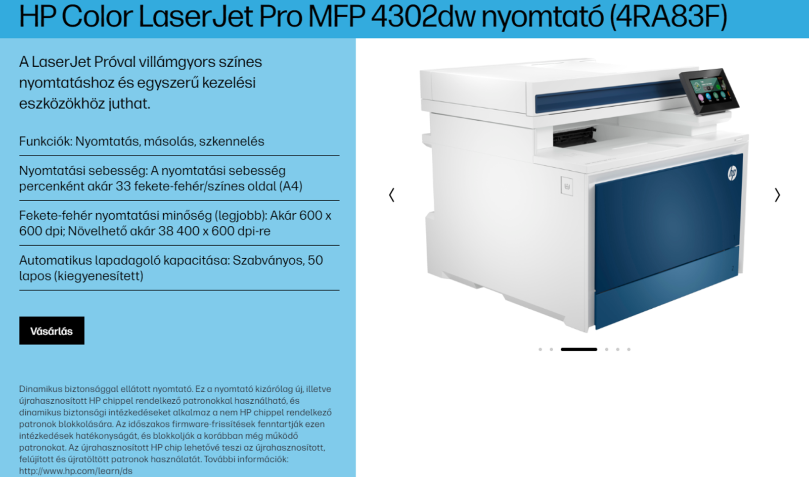 A HP Color LaserJet Pro MFP 4302dw nyomtató termékoldalának képernyőképe a "dinamikus biztonság" kifejezéssel. 