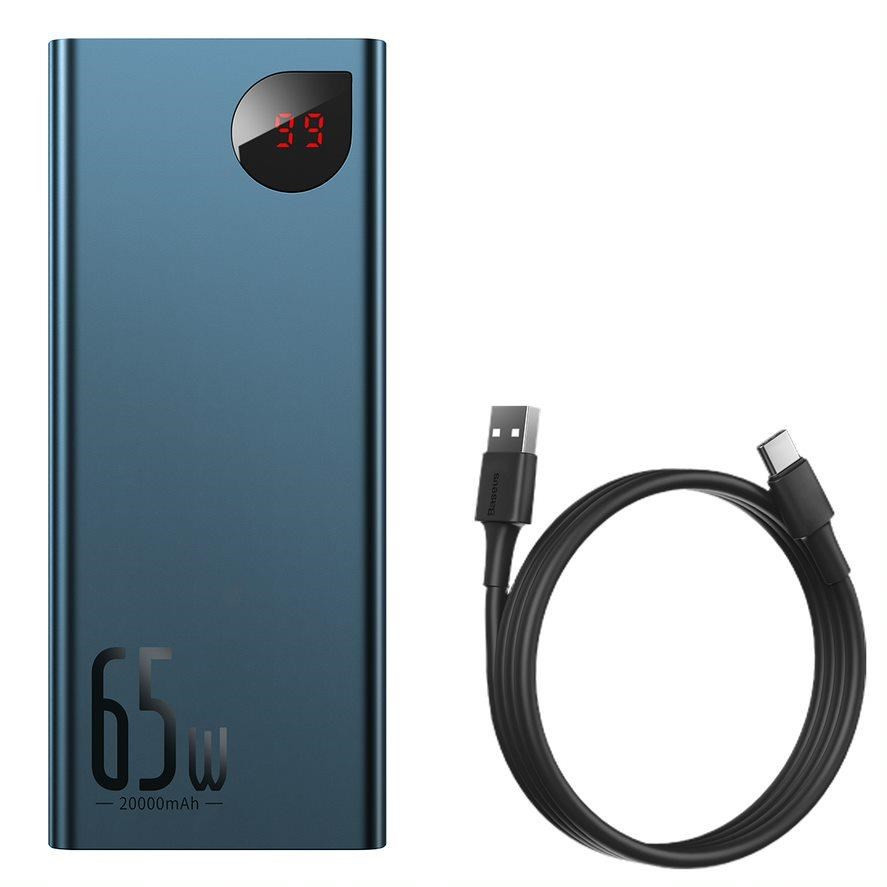 Baseus Adaman fém Power Bank digitális kijelzővel QC PD 20000mAh 65W, kék USB-A/USB-C kábel 30cm, fekete