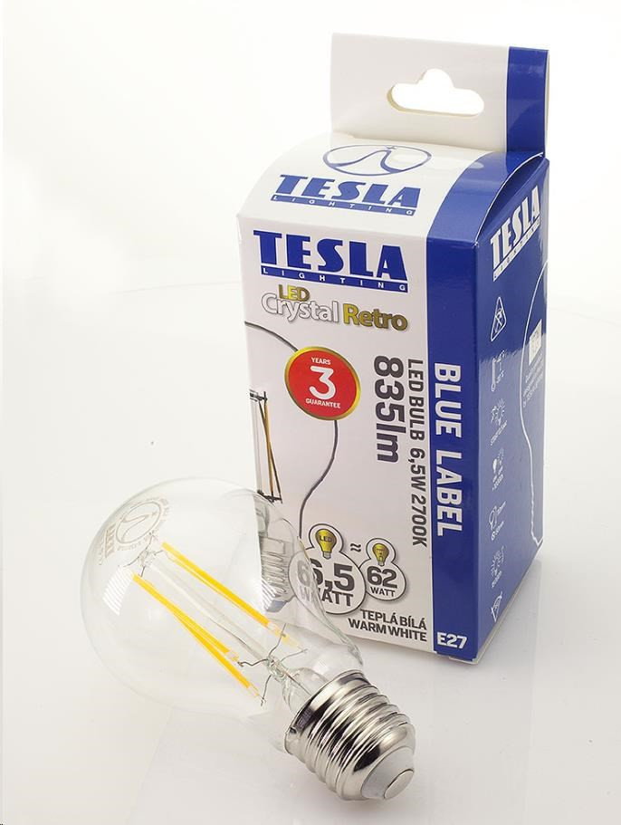 Tesla - LED izzó CRYSTAL RETRO BULB E27, 6, 5W, 230V, 835lm, 25 000h, 2700K meleg fehér, 360°, tiszta, világos