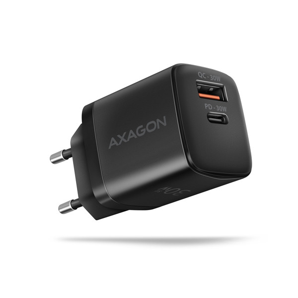 AXAGON ACU-PQ30 hálózati töltő 30W, 2x port (USB-A USB-C), PD3.0/PPS/QC4 /AFC/Apple, fekete színű