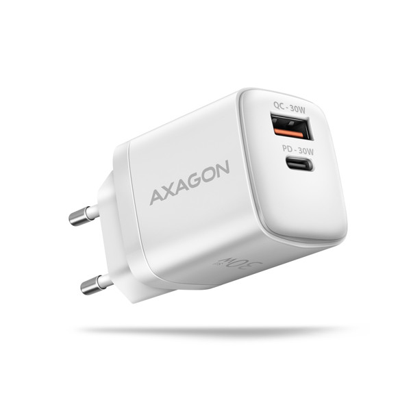 AXAGON ACU-PQ30W Teljesítménytöltő 30W, 2x port (USB-A USB-C), PD3.0/PPS/QC4 /AFC/Apple, fehér színű