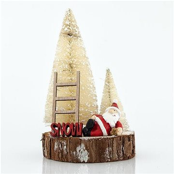 Eurolámpa karácsonyi dekoráció fa alap fehér fákkal, mikulással és lépcsővel 13 cm, 1 db