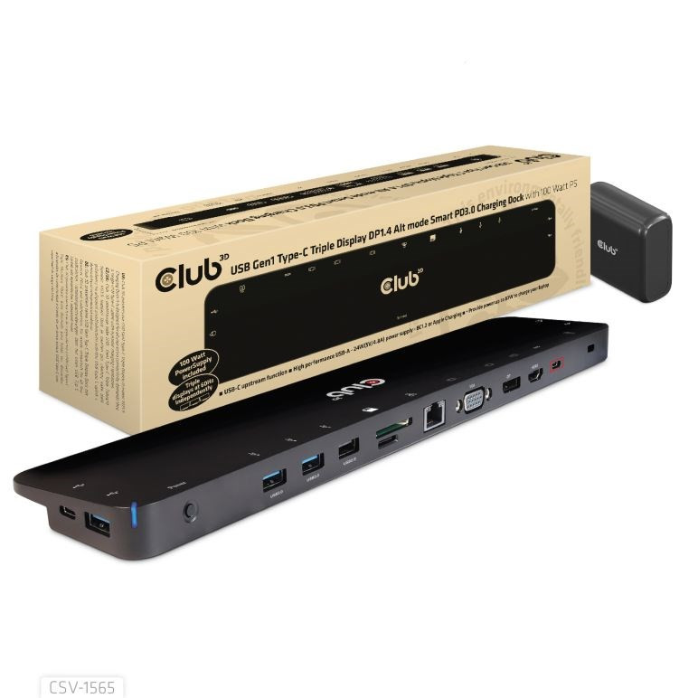Club3D USB-C, Triple Display DP 1.4 Alt módú Smart PD3.0 töltő dokkoló 100 wattos PS-sel